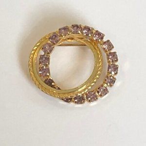 Incredible Vintage Brooch Intertwined Circles w Purple Sparkly Rhinestones